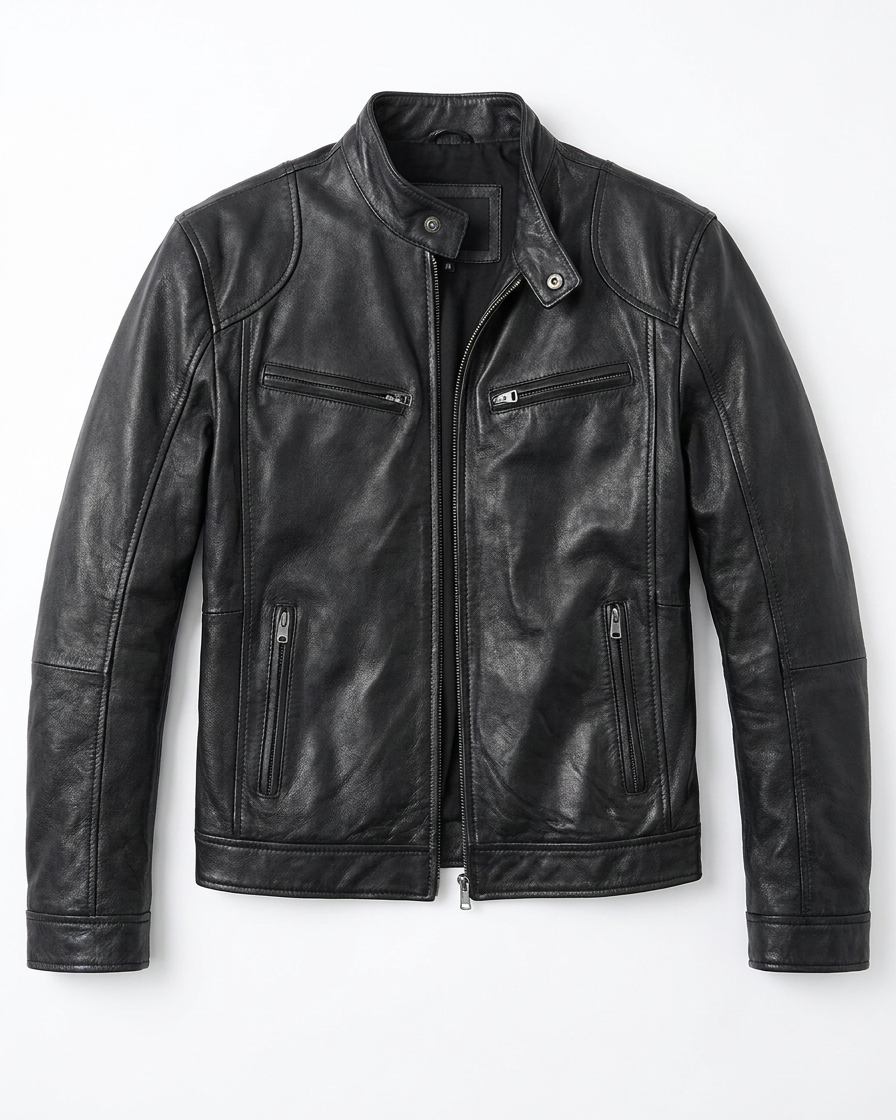 Back view of the Hugo men's leather jacket, emphasizing the clean lines and quality stitching.