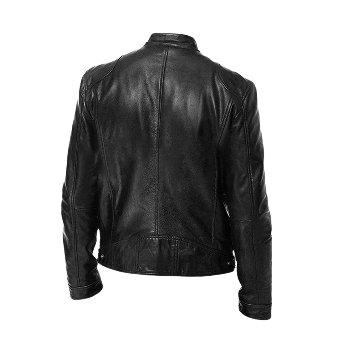 Model wearing the Hugo men's leather jacket over a t-shirt for a casual, urban look.