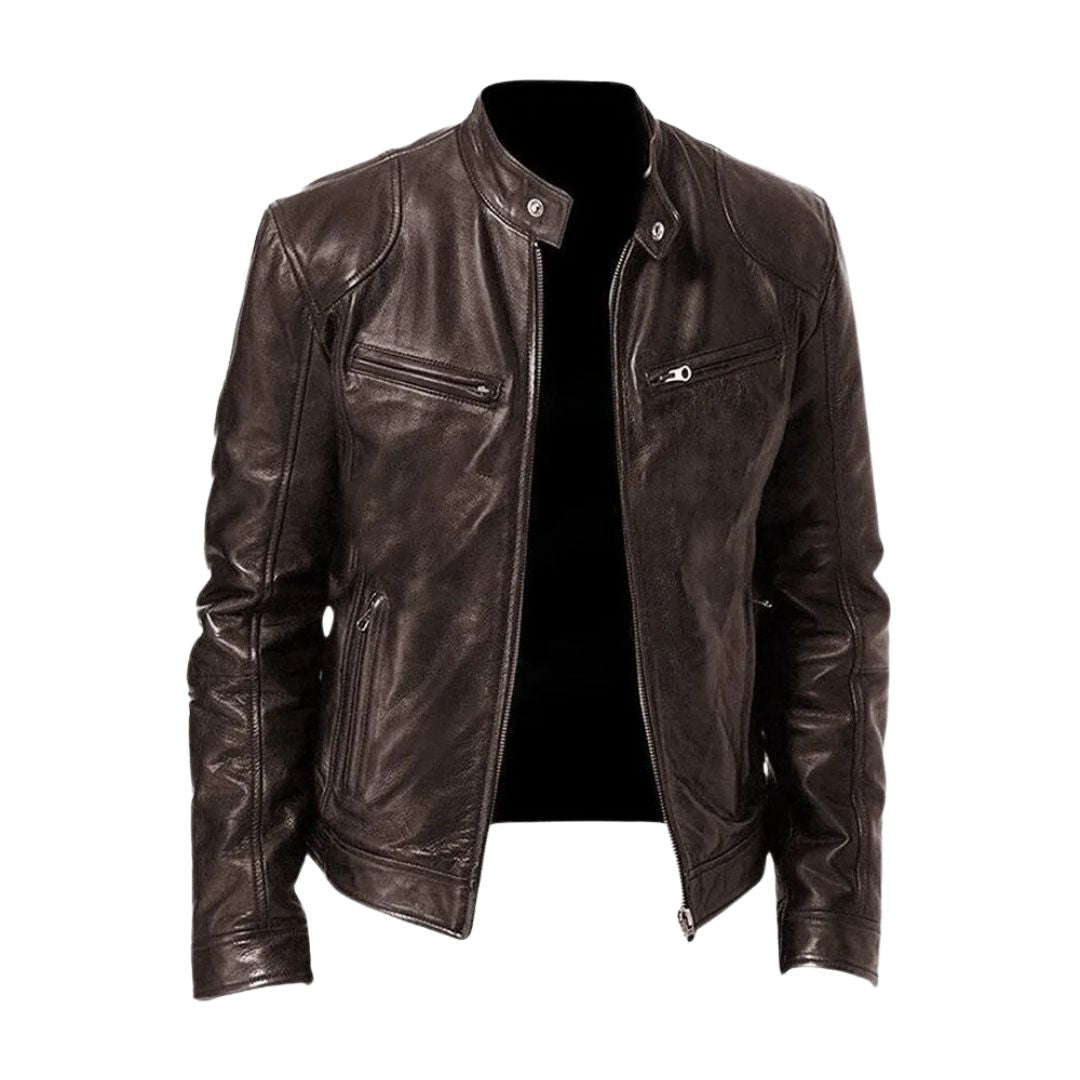 Detail shot of the zipper and collar on the Hugo leather jacket, showing hardware quality.
