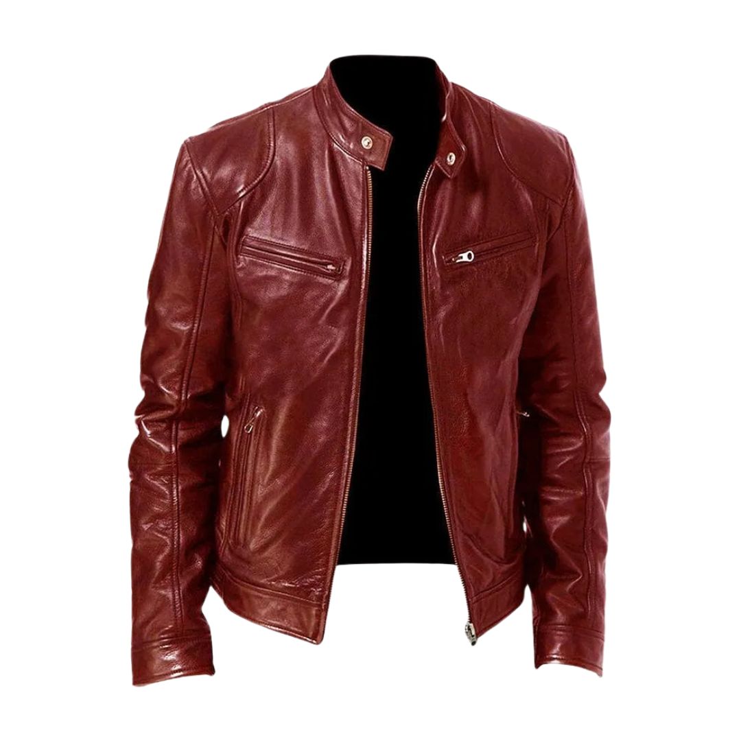 Front angled view of the Hugo leather jacket in dark green, highlighting its rich color.