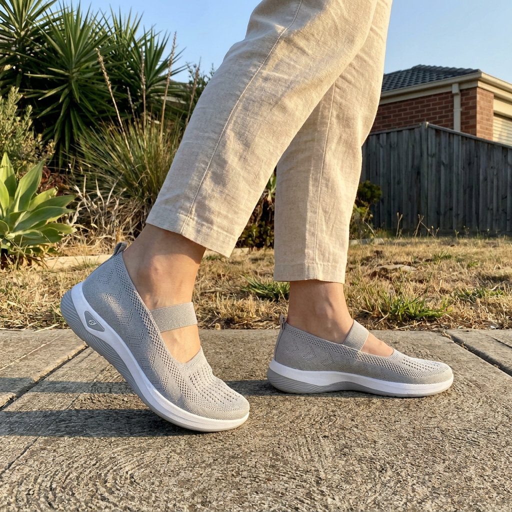 The grey Carry orthopaedic slip-ons worn walking on a footpath