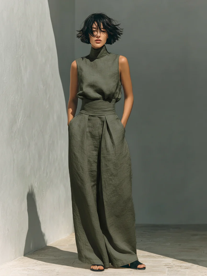 Pair of blush pink cotton wide-leg trousers folded neatly, revealing the soft material and inviting color.