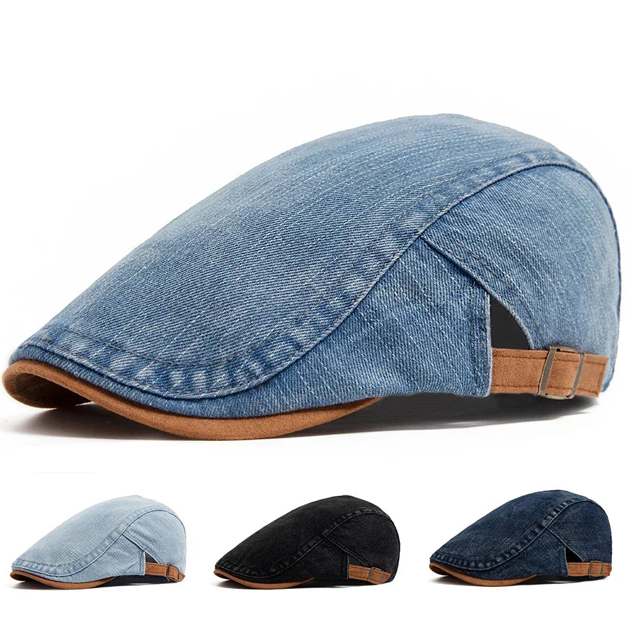 Front view of the Kian classic denim flat cap in dark blue, showcasing its structured design.