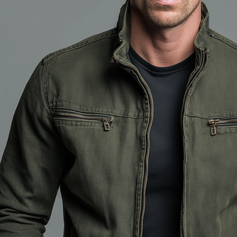 Side profile of a man in the Kian Rugged Thermal Jacket, highlighting the relaxed fit and broad shoulder design, perfect for movement and layering.