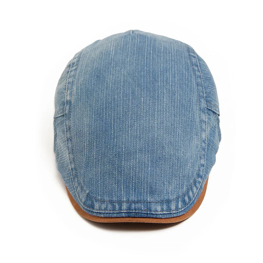 Back view of the Kian classic denim flat cap, illustrating the seamless finish and comfortable fit.