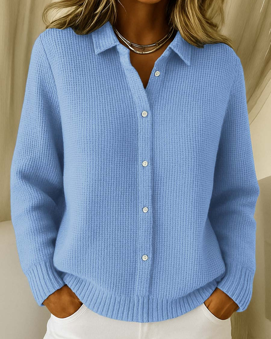 Front view of the Lila Classic Button-Up Cardigan in a solid color, showcasing its fine knit texture and classic collar.