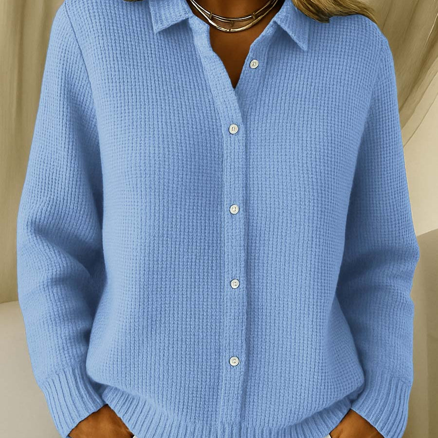 Front view of the Lila Classic Button-Up Cardigan in a solid color, showcasing its fine knit texture and classic collar.