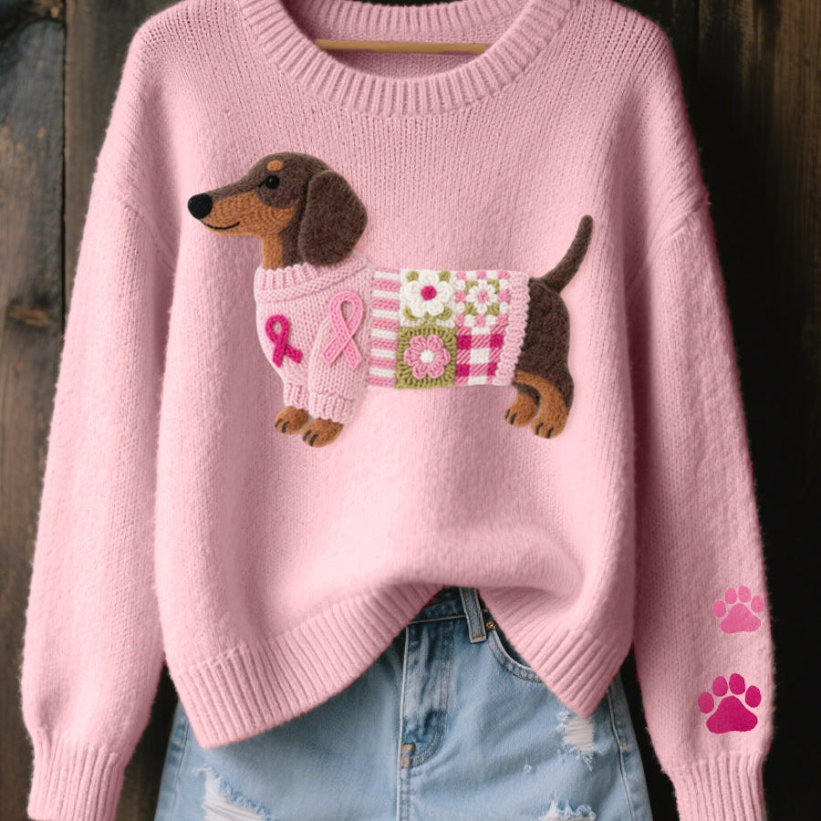 Front view of a woman wearing the Lila t-shirt with a dachshund felt pattern, showcasing its relaxed fit.