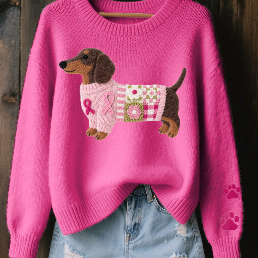 Close-up of the adorable dachshund felt pattern on the Lila t-shirt, highlighting the pink bow detail.