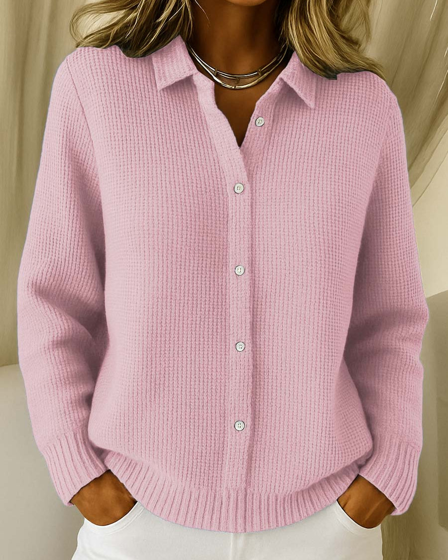 Close-up detail of the button closure and knit pattern on the Lila Classic Button-Up Cardigan.