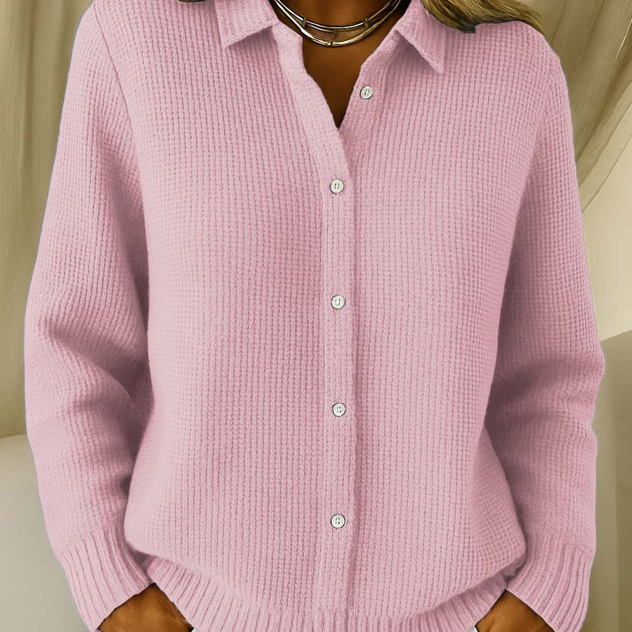 Close-up detail of the button closure and knit pattern on the Lila Classic Button-Up Cardigan.