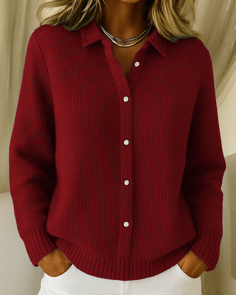 Back view of the Lila Classic Button-Up Cardigan, emphasizing its overall relaxed silhouette and long sleeves.