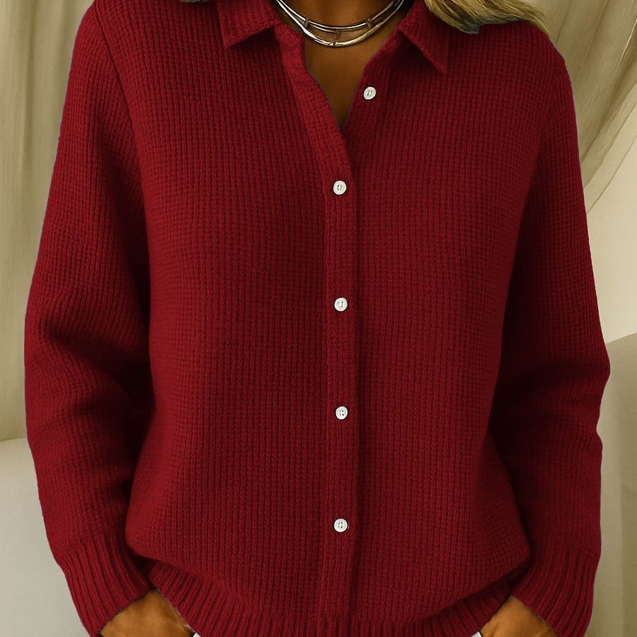 Back view of the Lila Classic Button-Up Cardigan, emphasizing its overall relaxed silhouette and long sleeves.