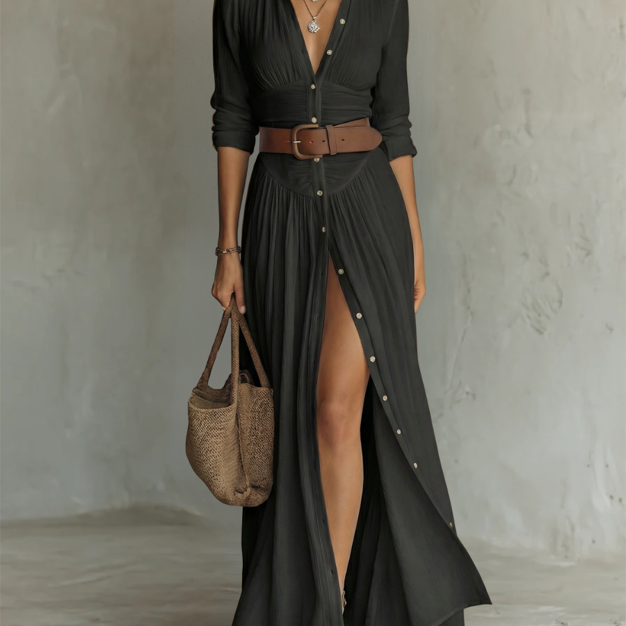 Back view of a brown Linnea linen blend maxi dress, emphasizing the flowing silhouette and full length.