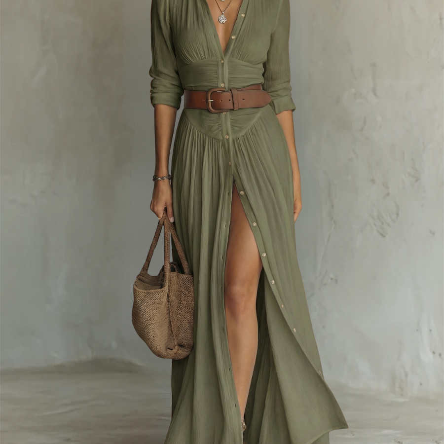 Lifestyle shot of a woman walking in a white Linnea linen blend maxi dress, styled with accessories.