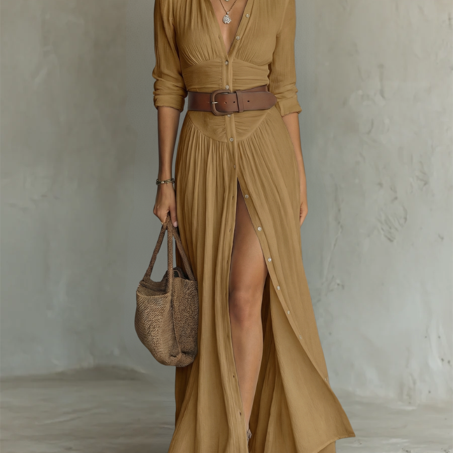 Detailed shot of the long sleeve cuff and breathable linen blend fabric of the Linnea maxi dress.