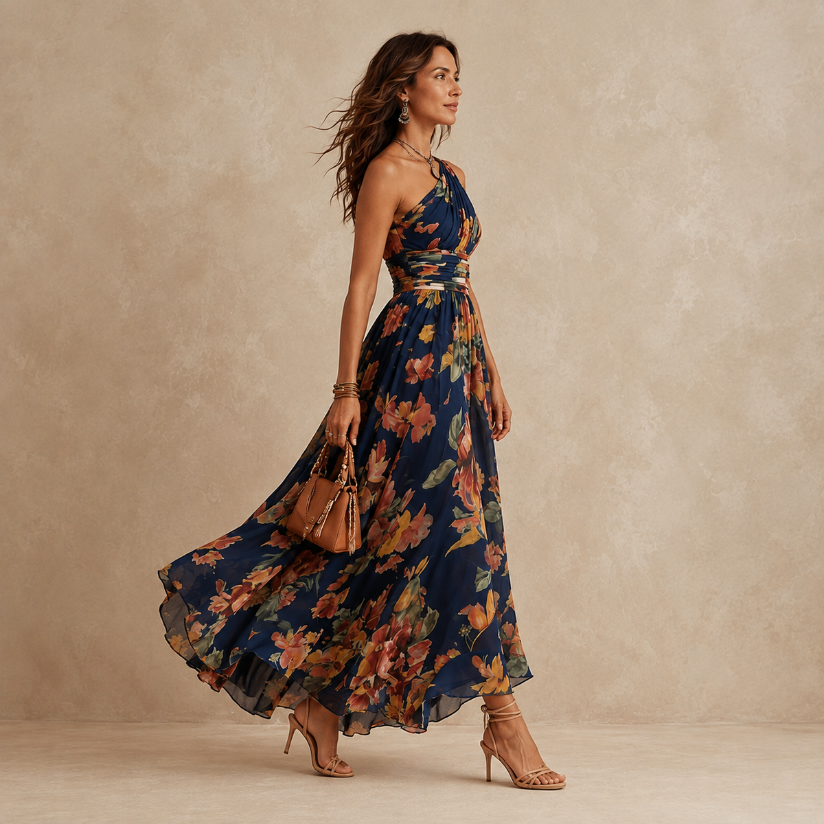 Close-up detail of the watercolor floral print on the chiffon one-shoulder maxi dress fabric.