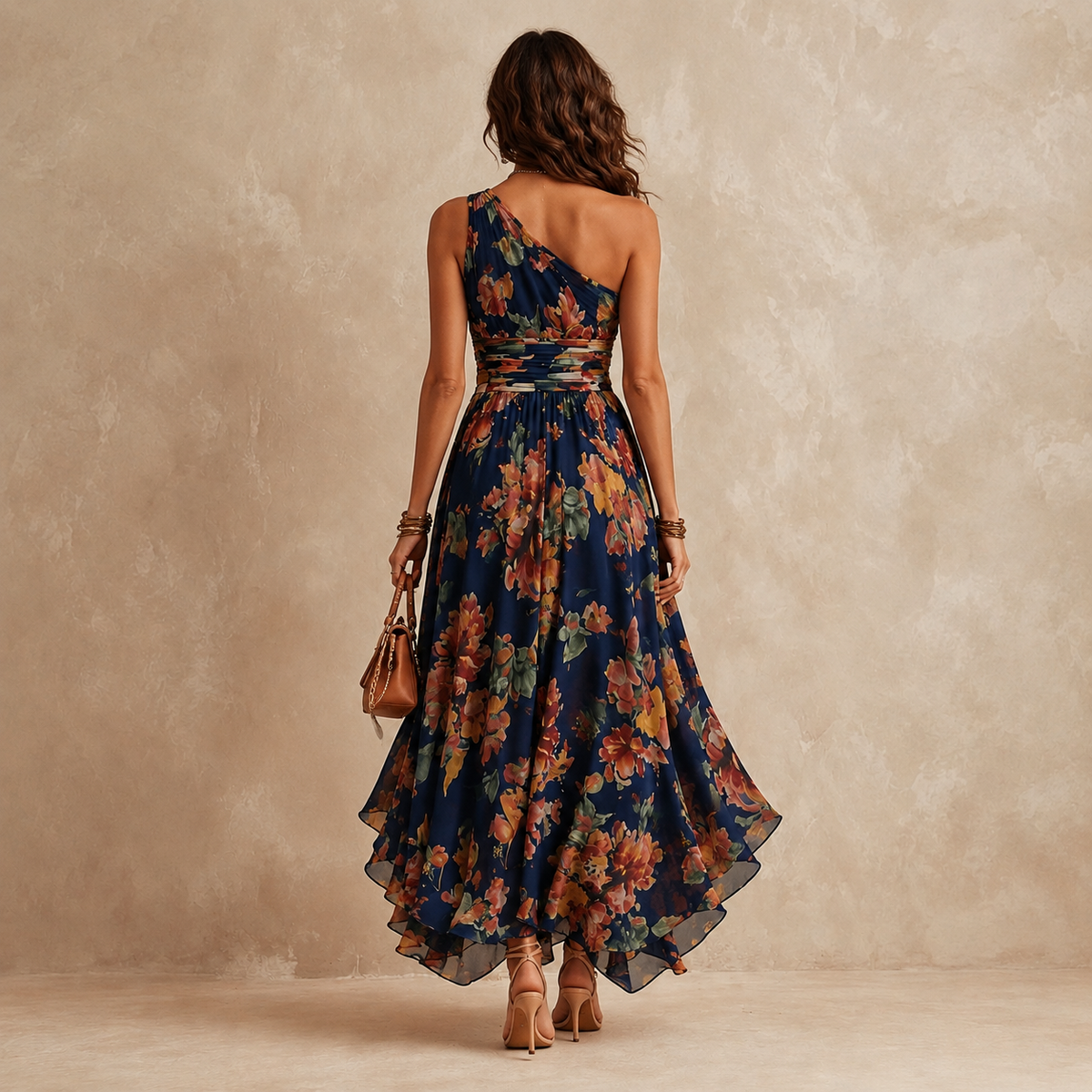 Side profile of the elegant one-shoulder floral maxi dress, highlighting the crossover waist detail.