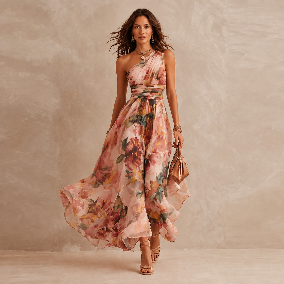 Woman walking outdoors, showcasing the natural movement of the full flowing one-shoulder floral maxi dress skirt.