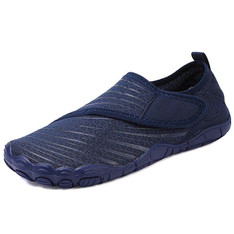 Navy Blue Maeve comfort orthopedic shoes, close-up of the stitching details.
