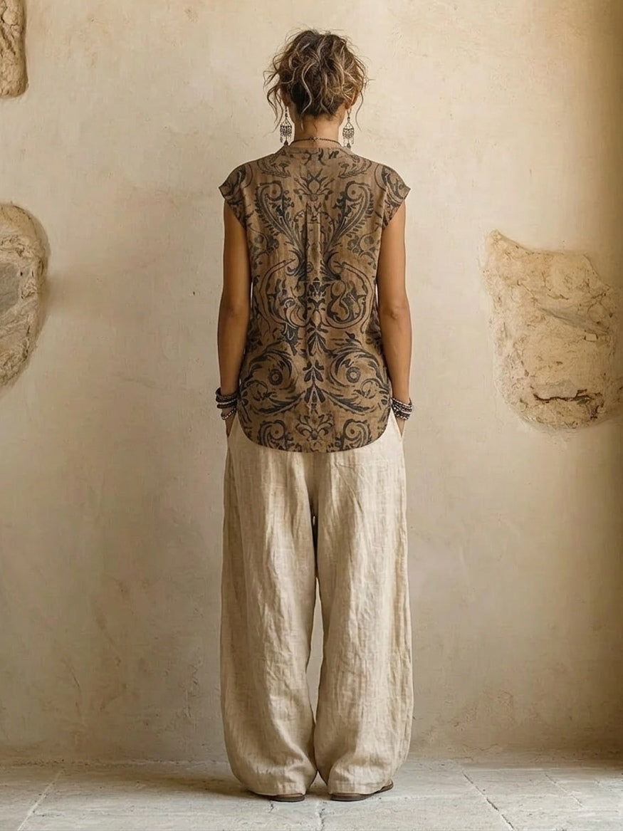 Close-up detail of the fabric texture and relaxed cut of the breathable cotton and linen pants on a model.