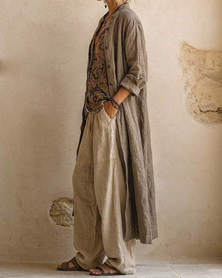 Full-body shot of a woman in the comfortable relaxed fit pants, styled for a chic and relaxed outdoor look.