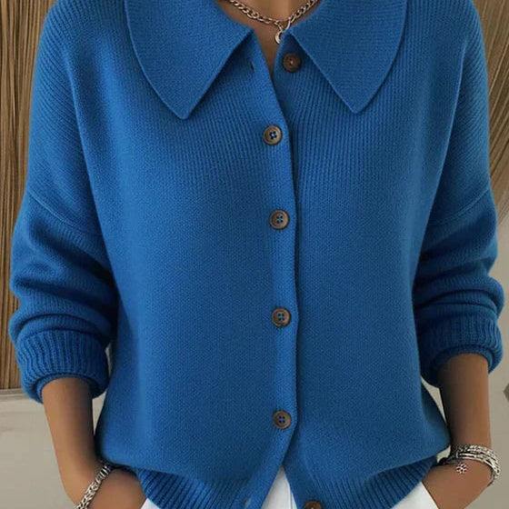Front view of the Marlow comfortable everyday cardigan in a soft blue hue, styled casually.