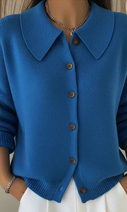 Front view of the Marlow comfortable everyday cardigan in a soft blue hue, styled casually.