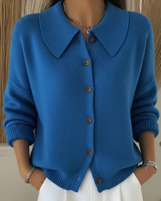 Front view of the Marlow comfortable everyday cardigan in a soft blue hue, styled casually.