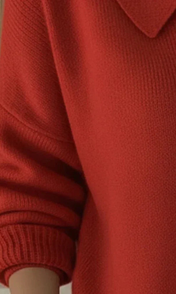 Model wearing the Marlow cardigan in a vibrant red, demonstrating its comfortable and versatile style.