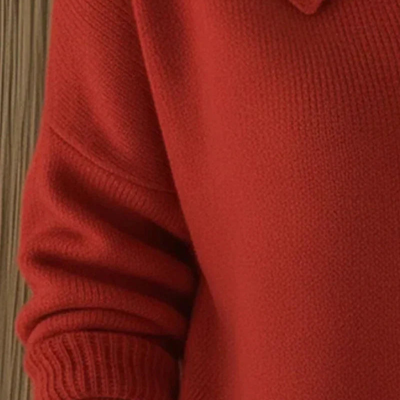 Model wearing the Marlow cardigan in a vibrant red, demonstrating its comfortable and versatile style.