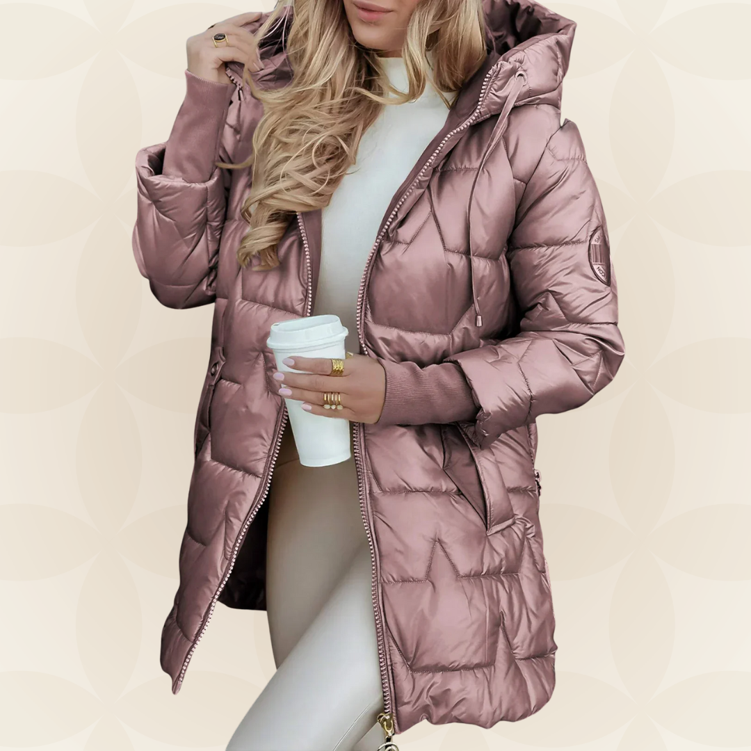 Back view of a brown hooded winter jacket, displaying the full length and hood structure.