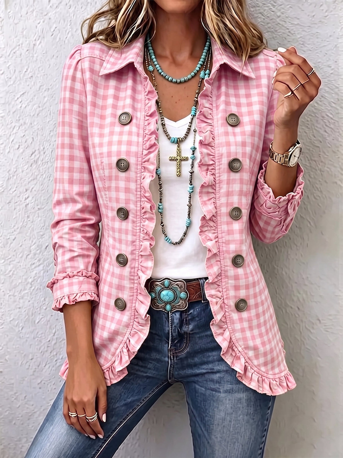 Henrietta | Gingham Ruffle Button-Up Jacket