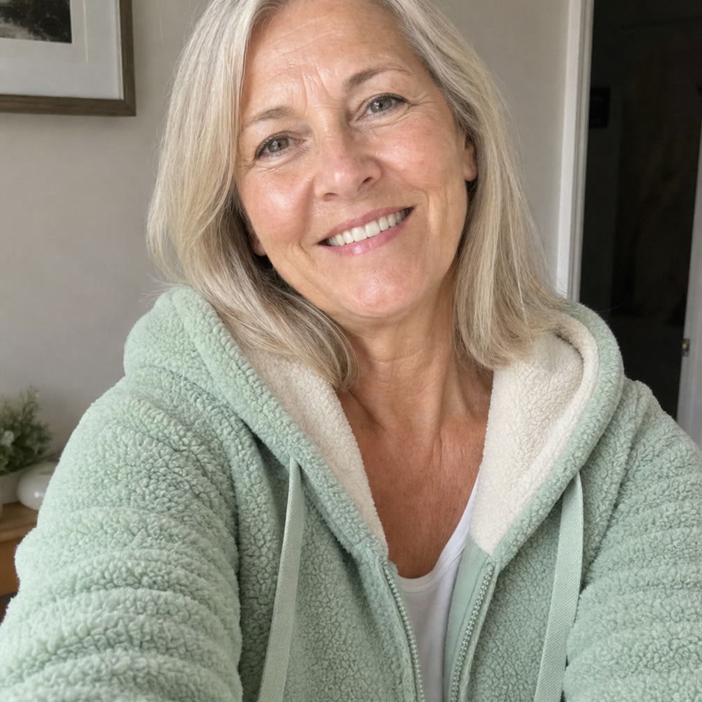 Woman wearing the green Phoebe Fleece Jacket at home, cream sherpa-lined hood visible