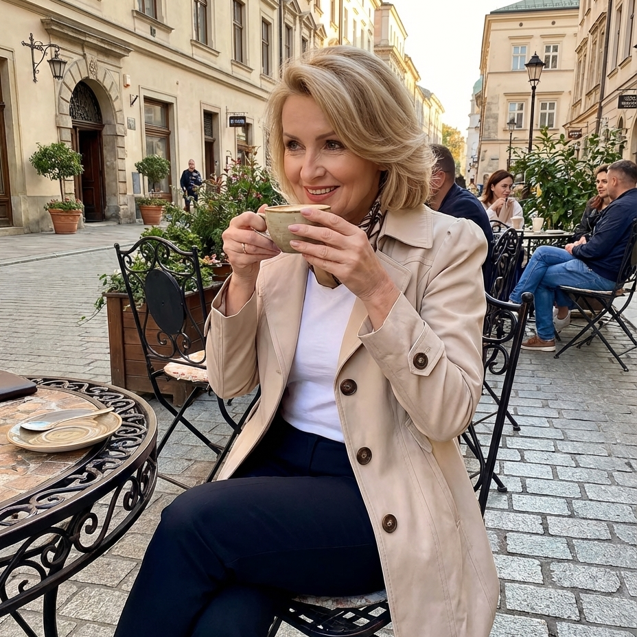 A woman elegantly posing, showing the full length of the Renata lightweight trench coat and how it complements her outfit.