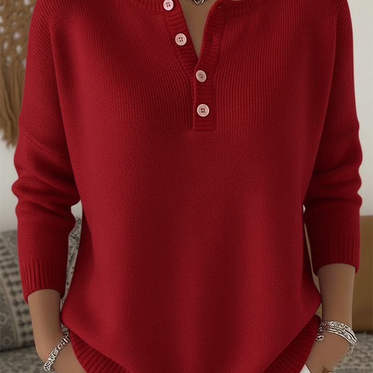 Front view of Romy comfort button-up pants in a neutral shade, showing the loose fit and button details.