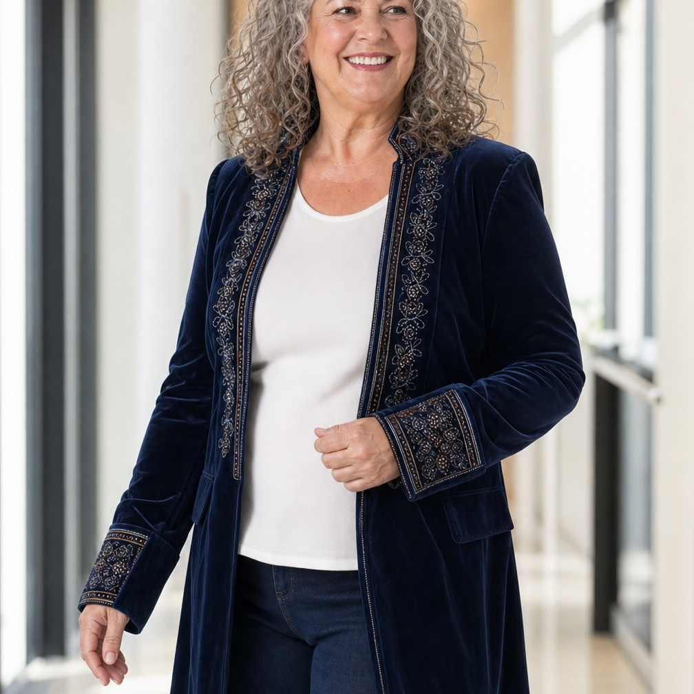 Rosalind velvet jacket worn open over jeans and a white top