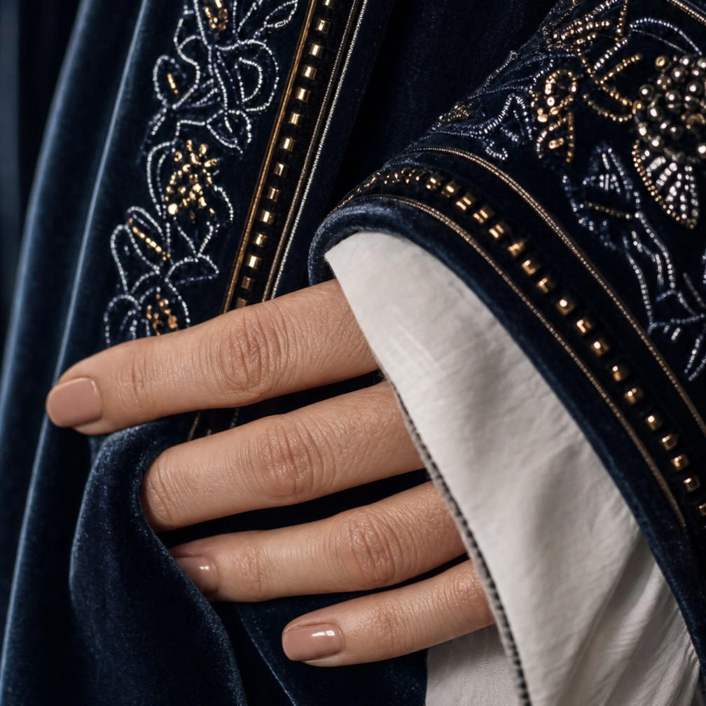 Close up of the beaded floral embroidered trim and cuff