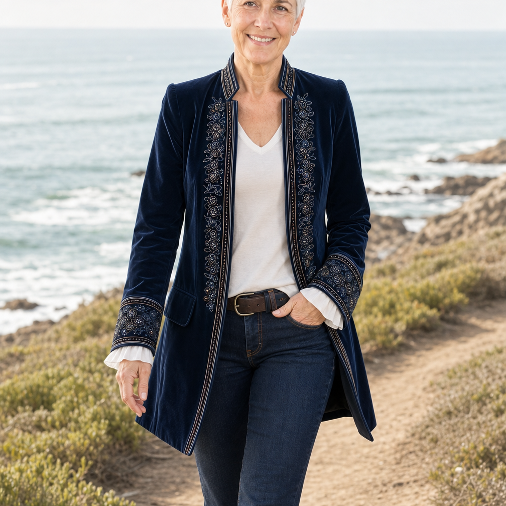 Rosalind velvet jacket worn on a coastal walk