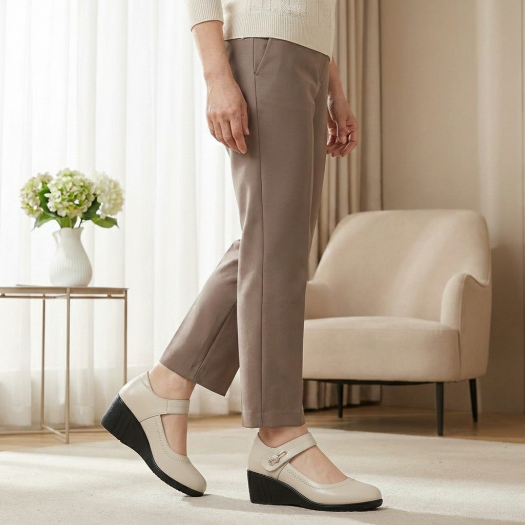 Overhead shot of beige Elara elegant mid-heel shoes, emphasizing the natural leather texture and classic design.