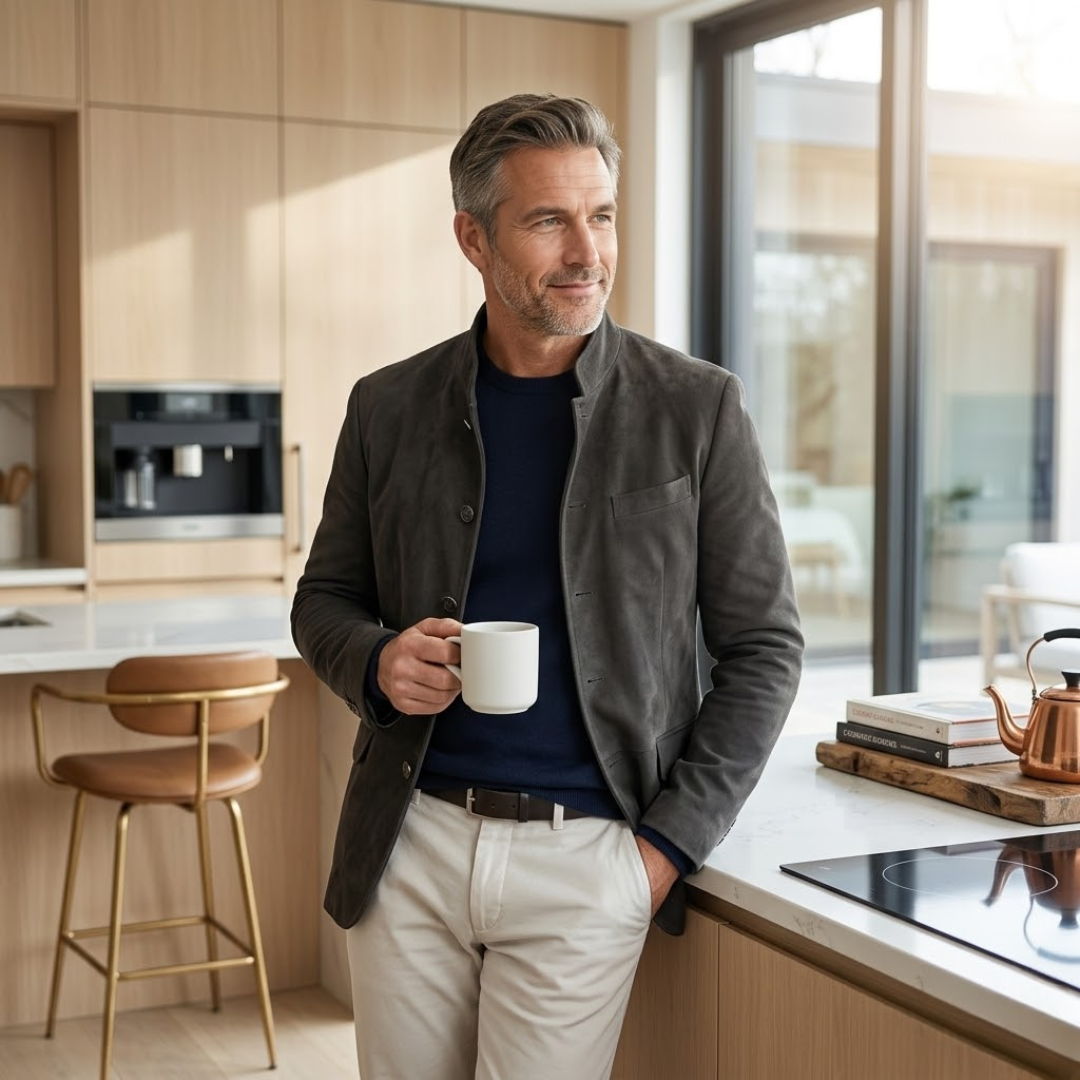 Full-length shot of a man wearing the grey Silas tailored modern blazer, demonstrating its refined style in a professional setting.