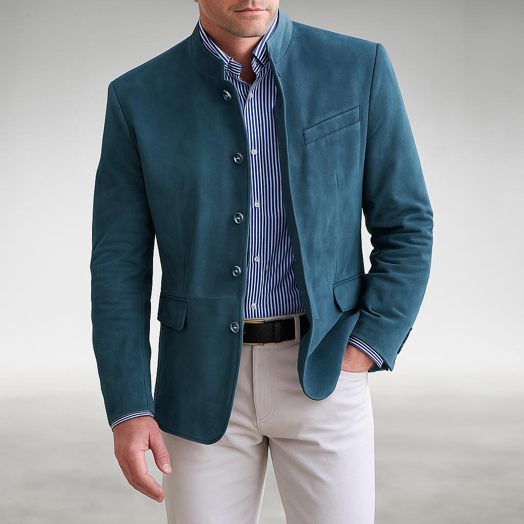 Front view of the Silas tailored modern blazer in a rich navy blue, perfect for smart casual or formal occasions.