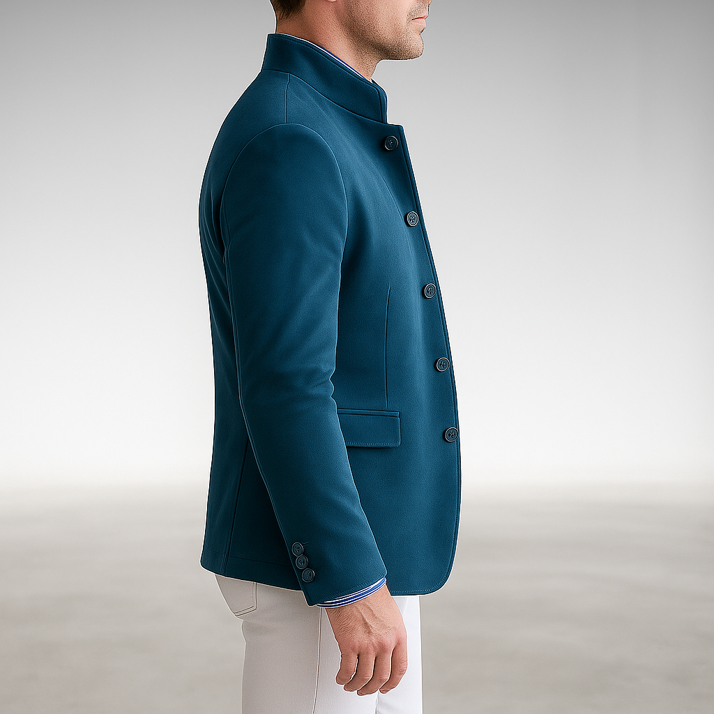 Front view of the Silas tailored modern blazer in a vibrant, confident yellow, making a distinctive fashion statement.