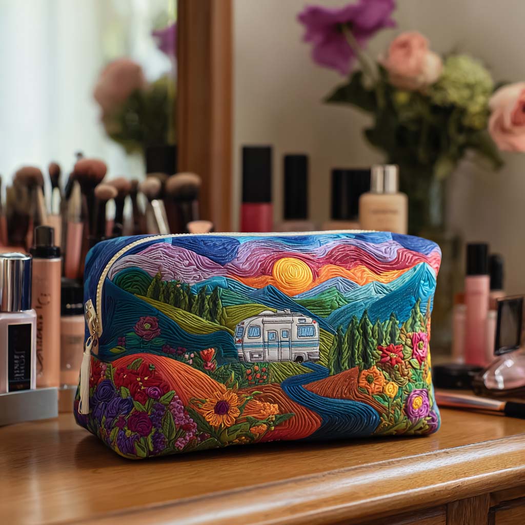 Soraya quilted cosmetic organizer bag showcasing its beautiful fantasia viaggio retrò print and soft textile texture on a clean background.