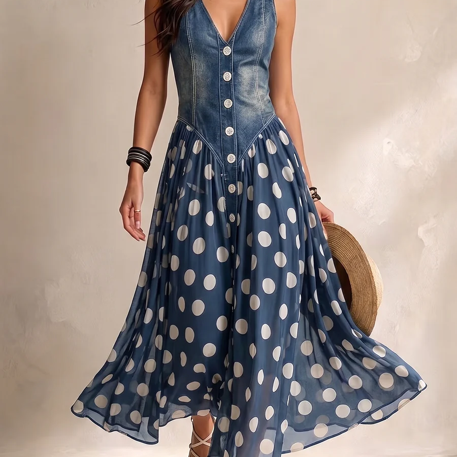 Elegant woman wearing the Soraya denim and chiffon midi dress, showcasing its full silhouette and unique fabric contrast.