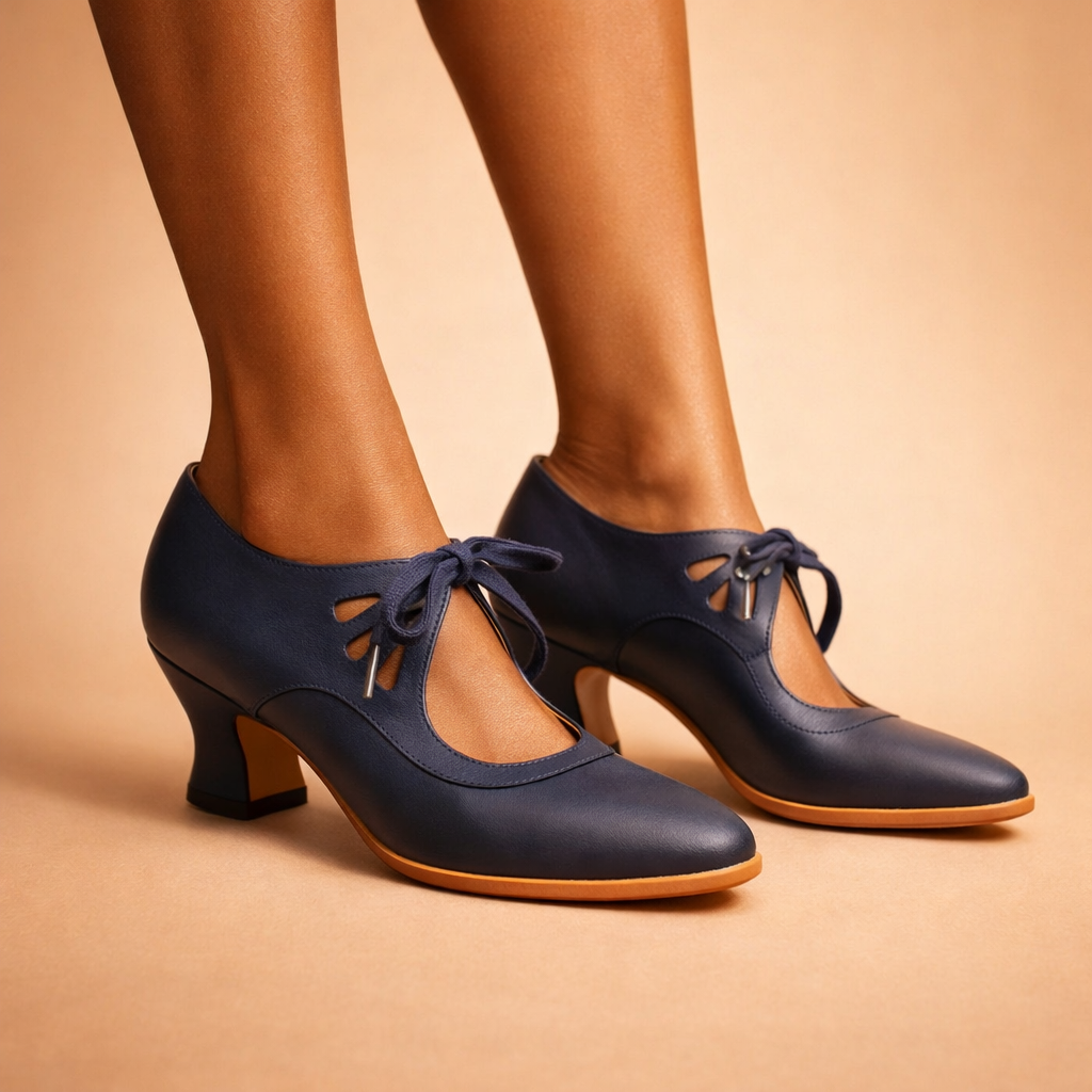 Side profile of the elegant leather lace-up heels, highlighting the sculpted mid-height heel