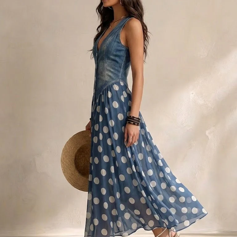Close-up of the sleeveless denim bodice of the Soraya dress, highlighting the decorative front buttons and texture.