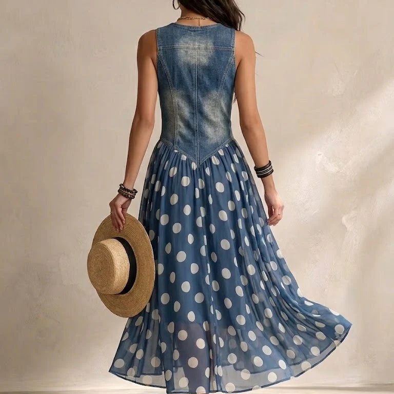Woman walking in the Soraya denim and chiffon midi dress, demonstrating the graceful flow of the polka-dot skirt.