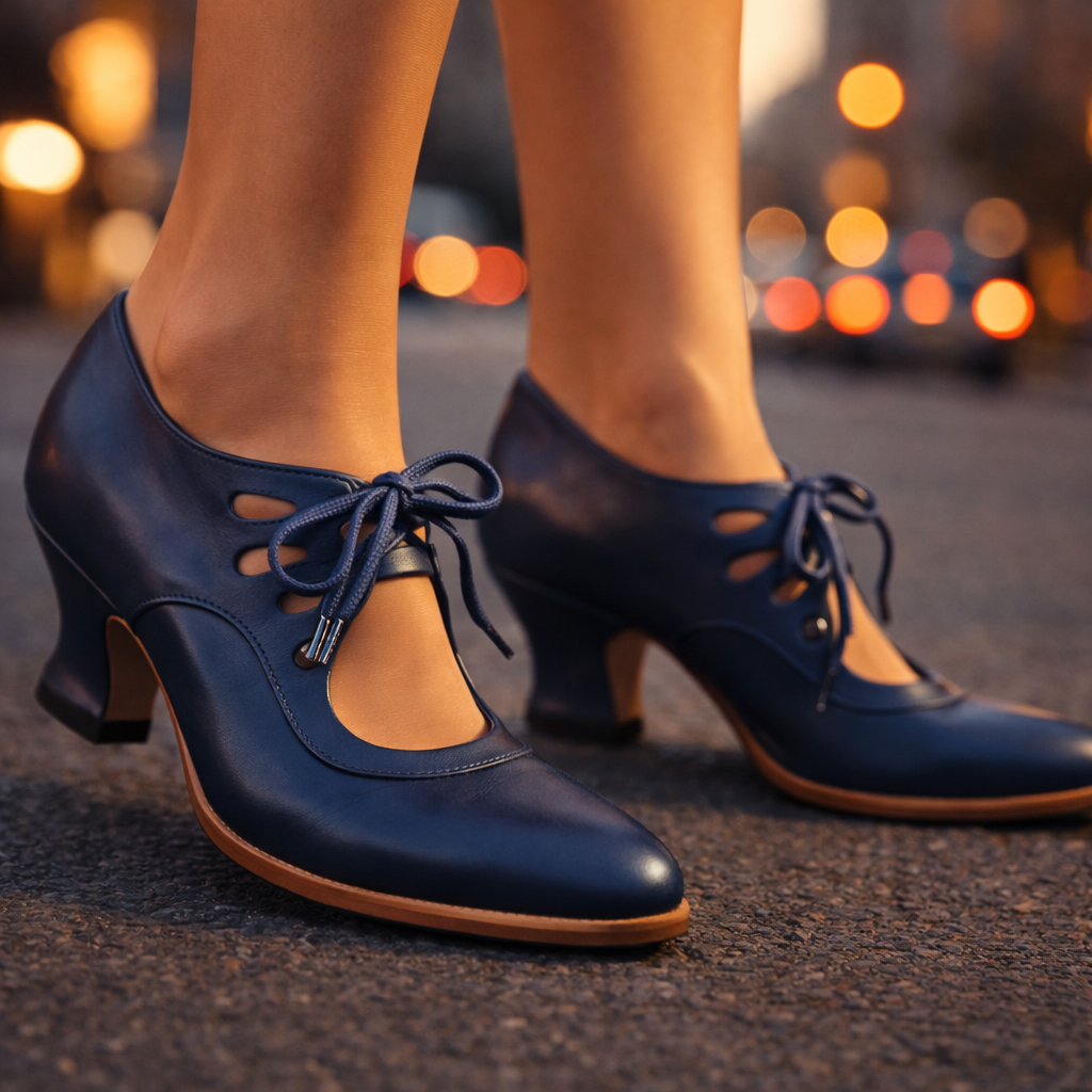 Close-up of the delicate lace-up detailing on the black polished leather heels