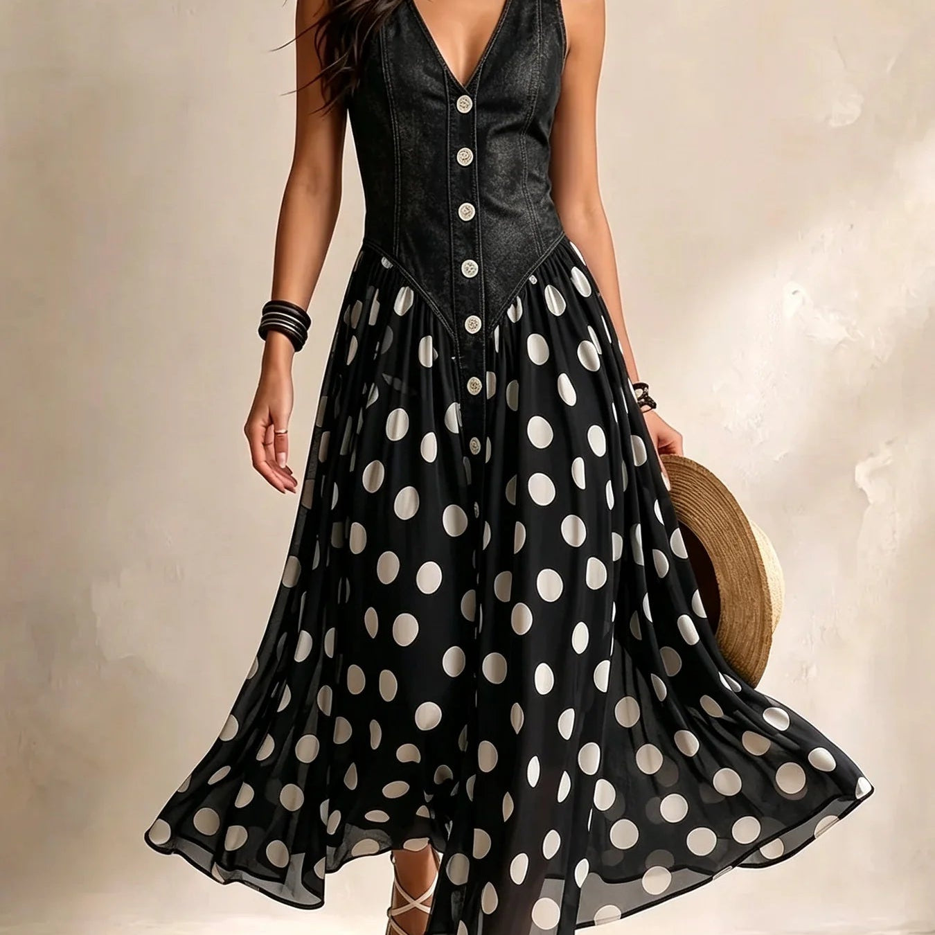 Detailed shot of the Soraya dress's waistband, illustrating how the denim top seamlessly merges with the chiffon skirt.